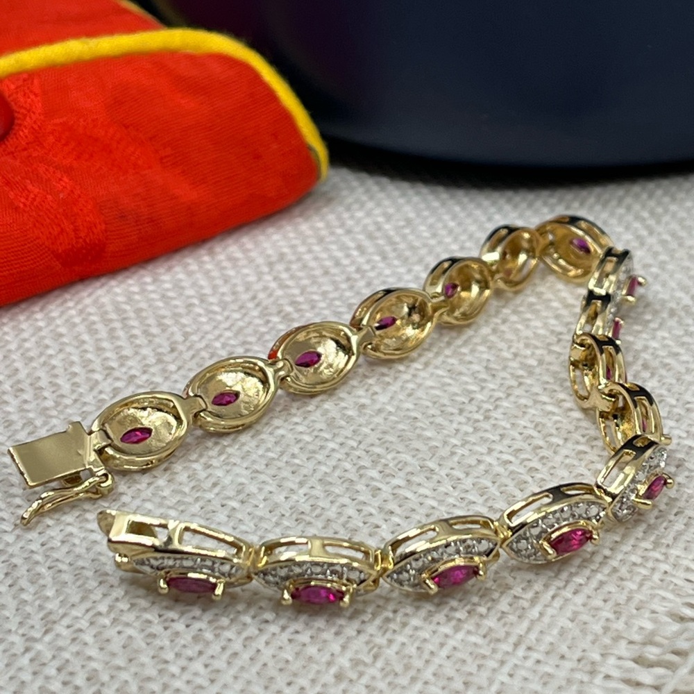 Vintage Gold-Over-Sterling Ruby & Diamond Accent Bracelet - 7.25” - Picture 7 of 17